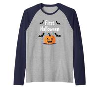 First Halloween Spooky Pumpkin Bats Baby Milestone Raglan Baseball Tee, Men, Navy/Athletic Heather, S
