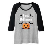 First Halloween Spooky Pumpkin Bats Baby Milestone Raglan Baseball Tee, Women, Black/Athletic Heather, S