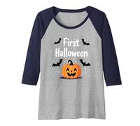 First Halloween Spooky Pumpkin Bats Baby Milestone Raglan Baseball Tee, Women, Navy/Athletic Heather, S