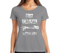 First Halloween with HIM First Baby Skeleton Arm Scary Dad Women's T-Shirt, gray, L