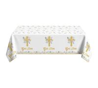 First Holy Christening Decorations, 53*106in Holy Communion Tablecloth | "God Bless" Christening Table Cloth, White Baptism PEVA Cover with Eucalyptus Design, Table Decoration for Boys Girls Showers