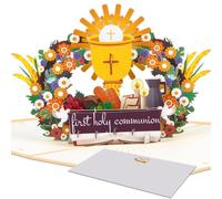 First Holy Communion 3D Pop-Up Card - Religious Communion Card for Boys and Girls, Golden Chalice with Doves, Cross, and Wheat - Congratulatory Christian Gift for Catholic Children