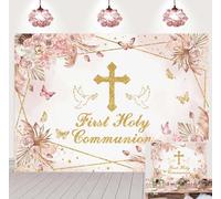 First Holy Communion Backdrop Boho God Bless Backdrop Pink Flower Baptism Photography Background for Christening Baby Shower Party Banner (7x5FT（210x150cm）)