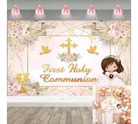 First Holy Communion Backdrop Cross God Bless Baptism Background Boho Pink Floral Communion Photo Backdrop for Girls Newborn Christening Confirmation Decorations Banner (8x6FT: 96x72 inch)