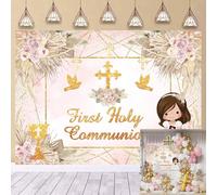First Holy Communion Backdrop Cross God Bless Baptism Background Boho Pink Floral Communion Photo Backdrop for Girls Newborn Christening Confirmation Decorations Banner (7x5FT: 84x60 inch)