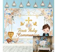 First Holy Communion Backdrop God Bless Baptism Party Background for Boy Newborn Baby Shower Blue Christening Ceremony Table Decor Backdrop (7x5FT: 84x60 inch)