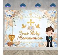 First Holy Communion Backdrop God Bless Baptism Party Background for Boy Newborn Baby Shower Blue Christening Ceremony Table Decor Backdrop (8x6FT: 96x72 inch)