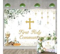 First Holy Communion Backdrop Green Eucalyptus Leaves God Bless Baptism Photography Background Christening Party Banner for Newborn Baby Shower Birthday Party Decor Photo Booth Props (8x6FT)
