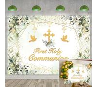 First Holy Communion Backdrop Greenery Baptism God Bless Backdrop Gold Cross Green Leaves Neutral Baby Shower Decorations Background (8X6FT (240x180cm))