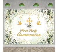 First Holy Communion Backdrop Greenery Baptism God Bless Backdrop Gold Cross Green Leaves Neutral Baby Shower Decorations Background (7X5FT (210x150cm))