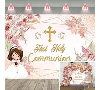 First Holy Communion Backdrop Pink Floral God Bless Baptism Photography Background Girls Newborn Christening Baby Shower Party Decorations Background (7X5FT (210x150cm))
