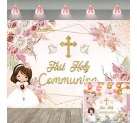 First Holy Communion Backdrop Pink Floral God Bless Baptism Photography Background Girls Newborn Christening Baby Shower Party Decorations Background (8X6FT (240x180cm))