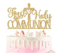 First Holy Communion Cake Topper, Baby’s 1st Communion Cake Decor, God Bless, Religious Christening Baptism Baby’s 1st Birthday Baby Shower Party Decorations Supplies Gold Glitter
