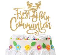 First Holy Communion Cake Topper, Baby’s 1st Communion Cake Decor, On Your Confirmation, Religious Christening Baby’s First Baptism Baby Shower Wedding Party Decorations Supplies Gold Glitter