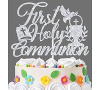 First Holy Communion Cake Topper, Cross Spanish Baptism Cake Decor for Kids, First Communion, God Bless, Religious Christening Baby’s 1st Birthday/Baby Shower Party Decorations Supplies Silver Glitter