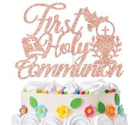 First Holy Communion Cake Topper, Cross Spanish Baptism Cake Decor for Kids, First Communion, God Bless, Religious Christening Baby’s 1st Birthday/Baby Shower Party Decorations Rose Gold Glitter