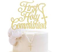 First Holy Communion Cake Topper, Double-Sided Golden Glitter, Baptismal Cake Decoration
