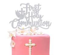 First Holy Communion Cake Topper, God Bless, Cross Dove Confirmation, Religious Baptism First Birthday Christening Baby Shower Party Decorations Supplies, Silver Glitter