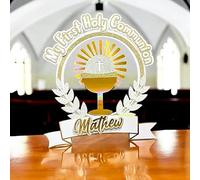 First Holy Communion Cake Topper, Gold and Silver Glitter Design with Chalice, Personalised Name Banner