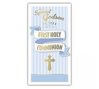 First Holy Communion Card for Godson, Blue and Gold Cross Design, 12 x 22 cm