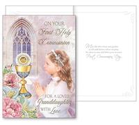 First Holy Communion Card for Granddaughter with Insert, 13.5 x 19 cm, Religious Design
