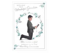 First Holy Communion Card for Grandson, Blue or Grey Suit Design, 13 x 19 cm (Grey Suit)