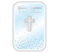 First Holy Communion Card for Special Nephew, Blue Cross Design with Silver Foil, 15 x 23 cm