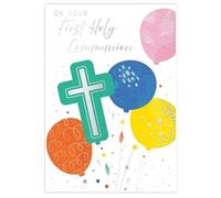 First Holy Communion Card with Colorful Balloons and Cross Design, 13 x 19 cm