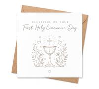 First Holy Communion Card with Envelope, Blessings on Your Communion Day Religious Greeting Card for Boy or Girl, Christian Keepsake for Godchild, Grandson, Granddaughter, Niece or Nephew