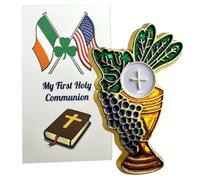 First Holy Communion Chalice Lapel Pin with Irish & American Flag Card - Catholic Eucharist Keepsake for him or her - Made in USA Cardstock Display