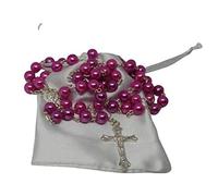 First Holy Communion Dark Pink Rosary Beads 1st Communion Confirmation Girls/Boys Gift Excellent Quality Five Decade Rosary & Silver Crucifix Pearl Effect Beads with Free White Satin Drawstring Pouch