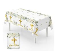 First Holy Communion Decorations,1st Holy Communion Table Cloth,Christening Confirmation Decorations"God Bless"White Baptism Tablecloth,Eucalyptus Leaf Tablesloth Decoration,for Boys Girls Showers