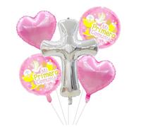 First Holy Communion Decorations - 5 Pack Foil Balloons Set with Silver Cross Design for Religious Party Supplies, Mi Primera Comunión Theme