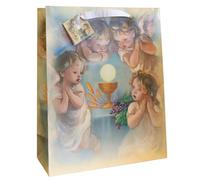 First Holy Communion Gift Bag | Large 15" Tall | Includes Tissue Paper and Gift Tag | Great Religious Gift Wrap for Catholic and Christian Occasions | Cherubs and Chalice Design