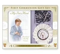 First Holy Communion gift set Boys Black Rosary Beads, Missal & Rosette
