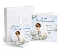 First Holy Communion Gifts for Boys - Ceramic Heart Ornament with Greeting Card & Box, Holy Communion Decorations, First Communion Decorations for Godson Grandson Church Party