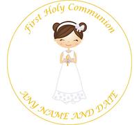 First Holy Communion Gold Girl with Brown Hair Round Circle 7.5 inch Personalised Cake Topper on Edible Icing or Wafer Topper (Wafer Card)