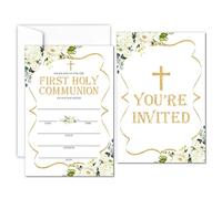 First Holy Communion Invitations For Girls, Floral Theme Invite Cards, 25 Invitations With Envelopes, Baptism Invitation Cards, Religious Party Invitations, 02