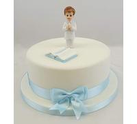 First Holy Communion Kneeling Praying Boy Edible Bible & Blue Ribbon Cake Decoration Topper Ornament