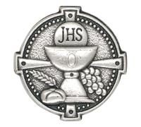 First Holy Communion Round Lapel Pin with Prayer Card | Eucharist IHS Pin with Chalice | Great Catholic Gift | Made in Italy, S, Metal, no gemstone