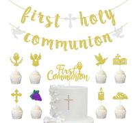 First Holy Communion Set, First Holy Communion Banner +9pcs First Communion Cake Toppers, Cross Dove Cupcake Toppers, Communion Decor for Outdoor Indoor Baptism Party Supplies