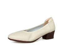 First Layer Cowhide Women 4cm Thick Heel Shoes Stewardess Genuine Leather Soft Sole Footwear Europe Flight Attendant Professional Shoes AM007, Beige White, 7.5