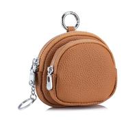 First Layer Leather Coin Purse with Keychain, Double Zipper Mini Wallet, Multiple Colors Available, Ochre, Cute ，fashion
