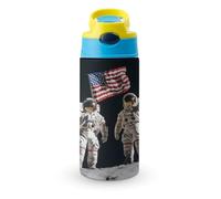 First Men On The Moon Cute Water Bottle with Straw Lid Stainless Steel Drink Tumbler Insulated Flip Top Cups 350ml