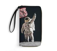 First Men On The Moon Women's Wallet Leather Bifold Blocking Card Holder Trendy Ladies Clutch Purse with Hand Rope 19.7x10.5cm