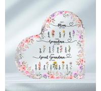 First Mom Then Grandma Now Great Grandma - Personalized Kid Name & Birth Month Flowers Heart Acrylic Plaque, Birthday Mother's Day Gifts for Mimi Grandma, Great Grandmother Gifts from Grandchildren