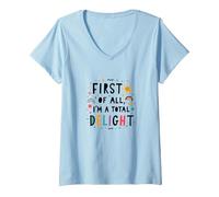 First of All, I'm a Total Delight - Cheerful Fun Quote V-Neck T-Shirt, Women, Baby Blue, L