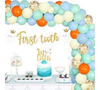 First Tooth Party Decorations, Glitter First Tooth banner 1st Tooth Cake Topper Colourful Latex Balloons Teeth Theme Decorations for Boys Girls Teeth Party Baby Shower Half Birthday Supplies