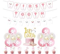 First Tooth Party Decorations, Pink First Tooth Banner Glitter 1st Tooth Cake Topper Cupcake Toppers Latex Balloons Tooth Party Decorations for Girls My 1st Tooth Baby Shower Supplies