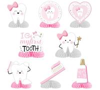First Tooth Table Centerpieces 8Pcs Pink Tooth Theme Party Decorations I Got My First Tooth Toothbrushes Honeycomb Table Topper for Girls 1st Tooth Party Baby Shower Decor Supplies